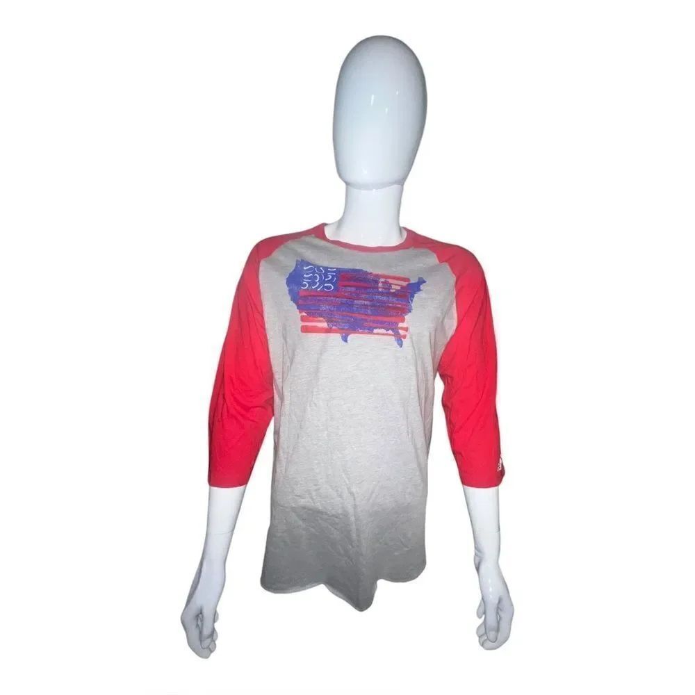 adidas Men's Triple Stripe 3/4 Sleeve Red USA Bats Baseball T-Shirt Gray XL NWT